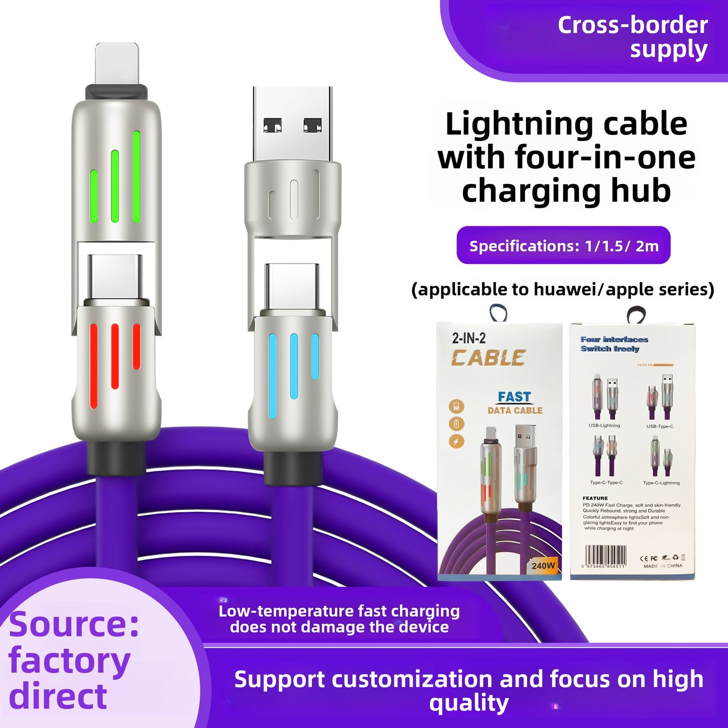 240W Fast Charging LED Data Cable with Multi-Connectors